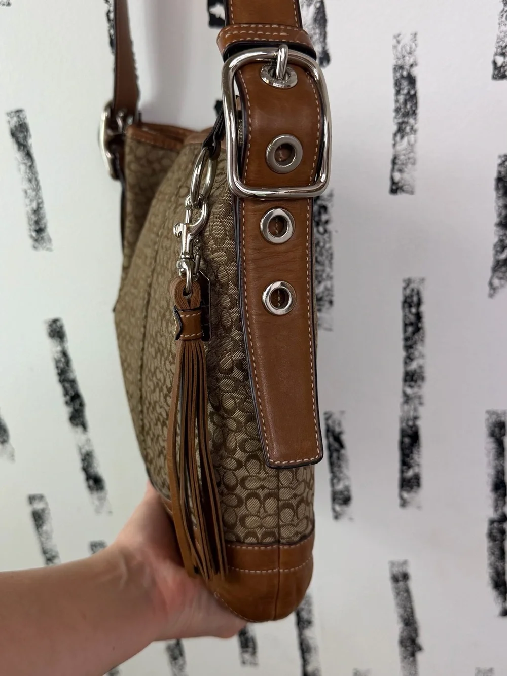 Coach Signature Jacquard/Leather Tan Hobo Crossbody Convertible Bag Y2K Vintage